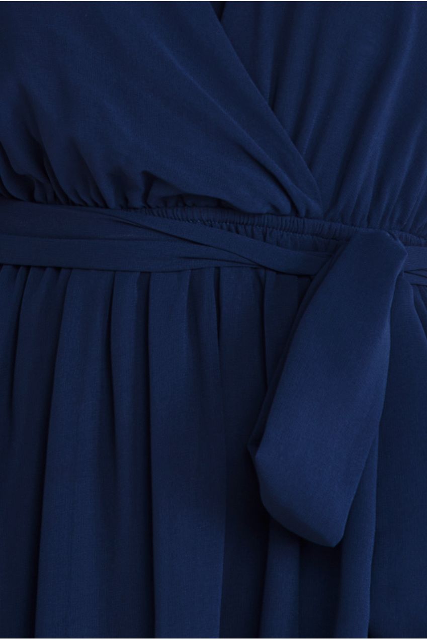 Goddiva Sustainable Flutter Sleeve Chiffon Wrap Midi Dress - Navy