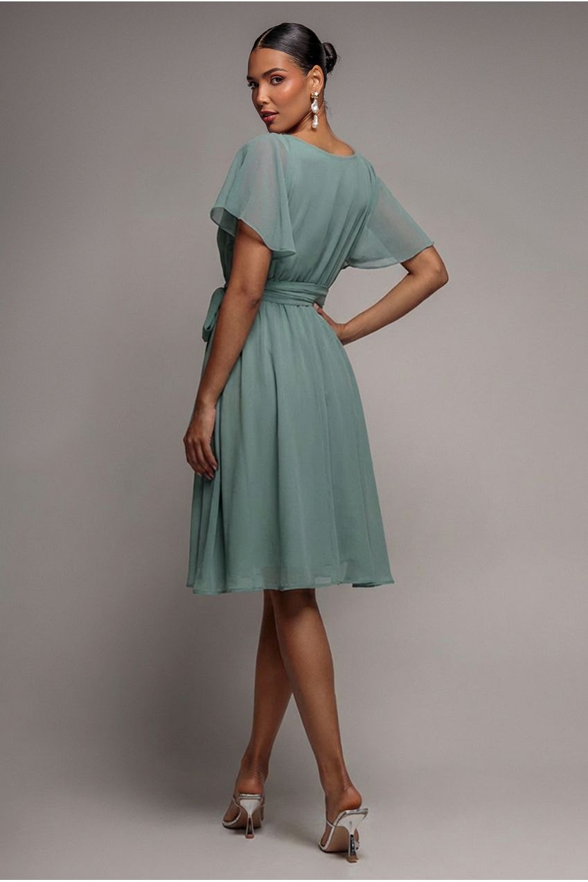 Goddiva Sustainable Flutter Sleeve Chiffon Wrap Midi Dress - Sage Green