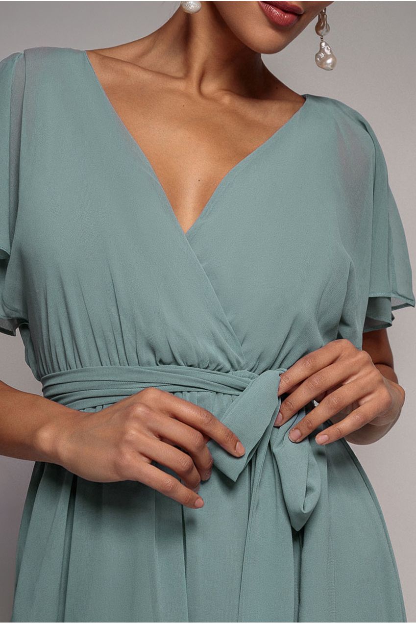 Goddiva Sustainable Flutter Sleeve Chiffon Wrap Midi Dress - Sage Green
