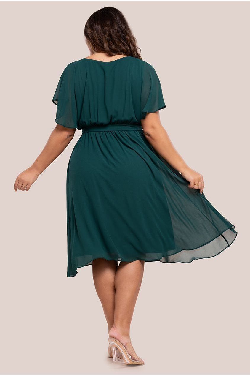 Goddiva Plus Flutter Sleeve Wrap Midi Dress - Emerald Green
