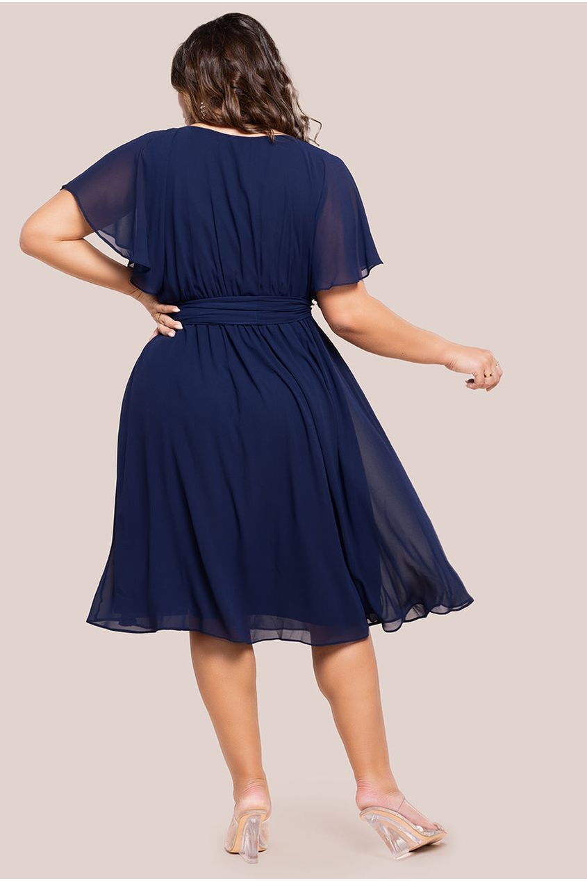 Goddiva Plus Flutter Sleeve Wrap Midi Dress - Navy Blue