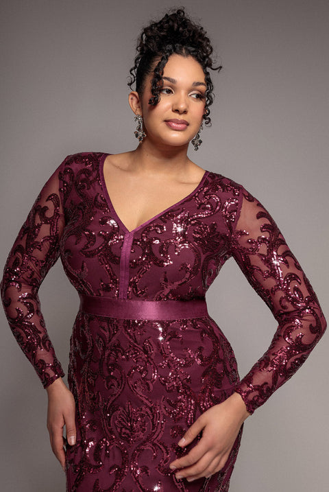 Goddiva Plus Embroidered Sequin & Mesh Maxi Dress - Burgundy