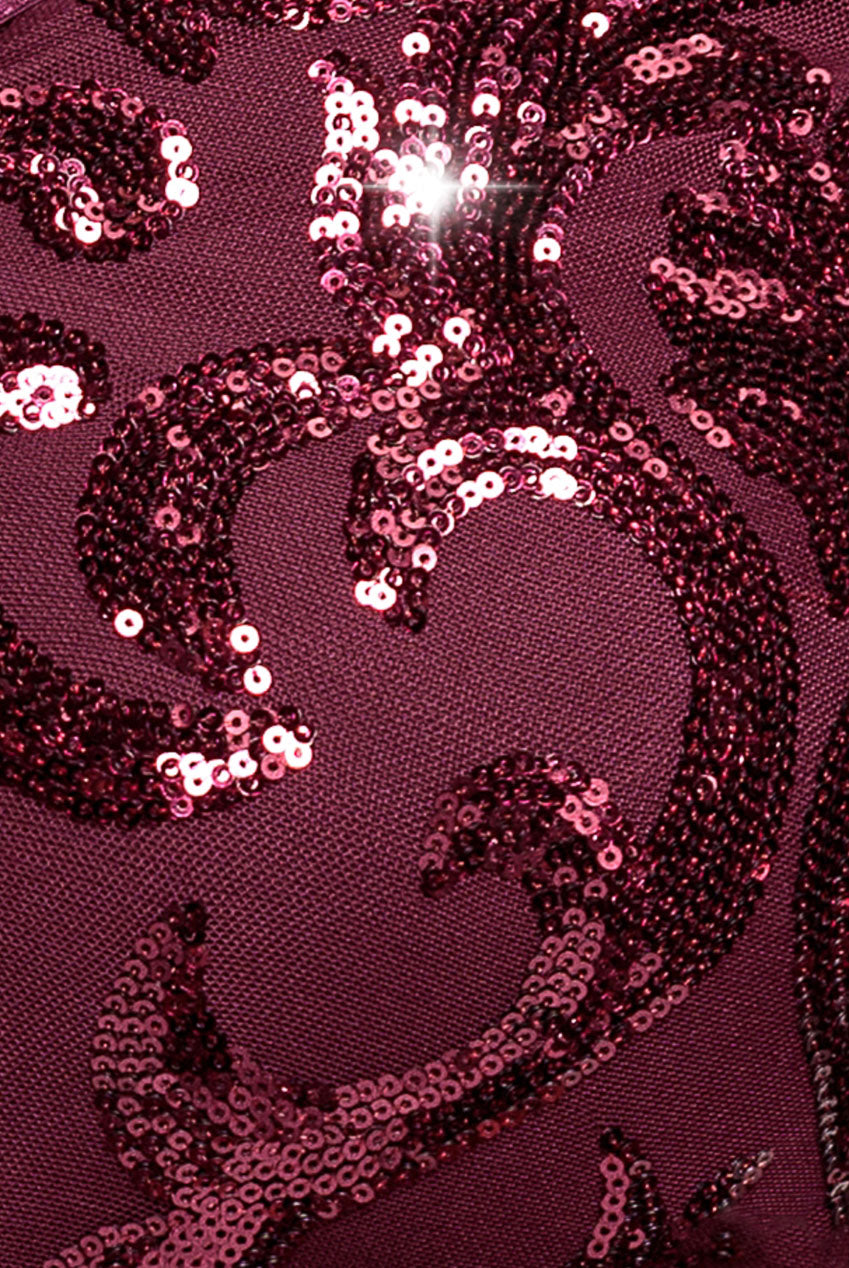 Goddiva Plus Embroidered Sequin & Mesh Maxi Dress - Burgundy