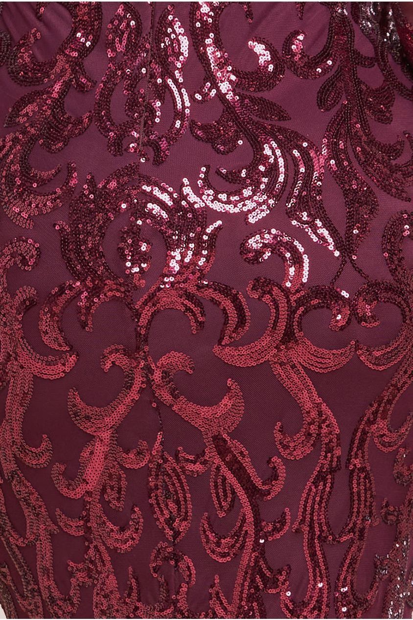 Goddiva Plus Embroidered Sequin & Mesh Maxi Dress - Burgundy