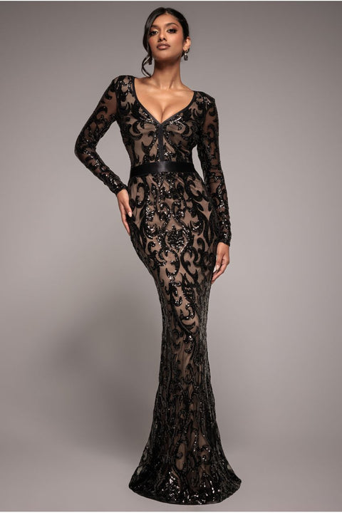Goddiva Embroidered Sequin & Mesh Maxi Dress - Black