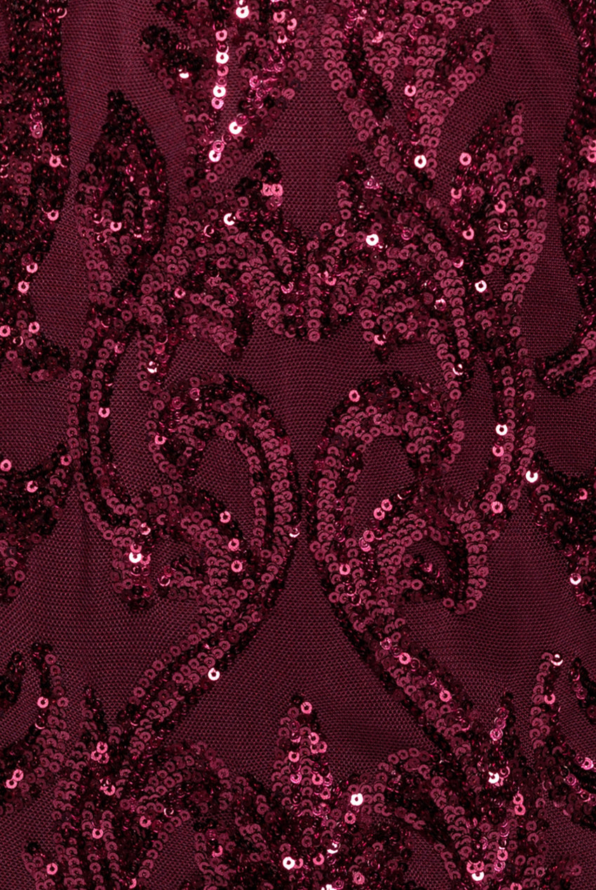Goddiva Embroidered Sequin & Mesh Maxi Dress - Burgundy