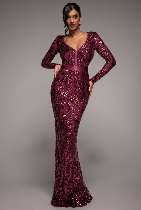 Goddiva Embroidered Sequin & Mesh Maxi Dress - Burgundy