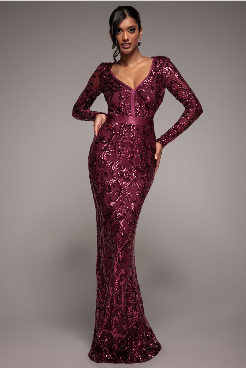 Goddiva Embroidered Sequin & Mesh Maxi Dress - Burgundy