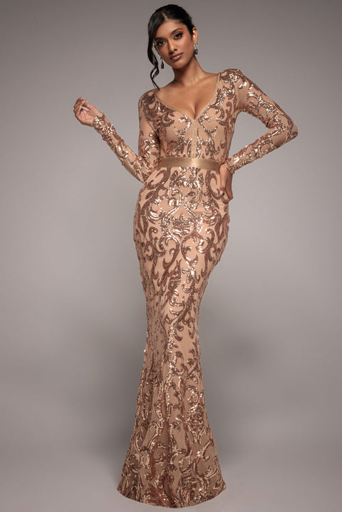 Goddiva Embroidered Sequin & Mesh Maxi Dress - Champagne