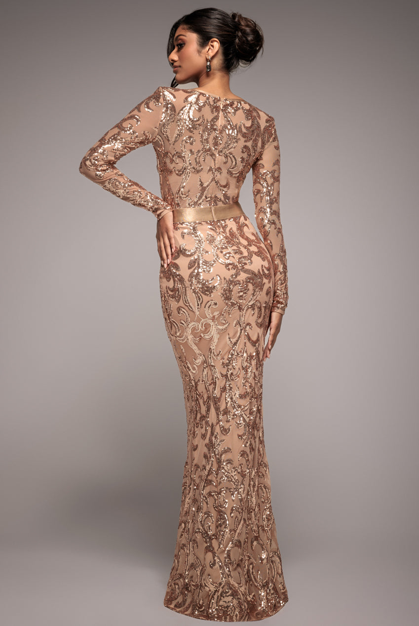 Goddiva Embroidered Sequin & Mesh Maxi Dress - Champagne