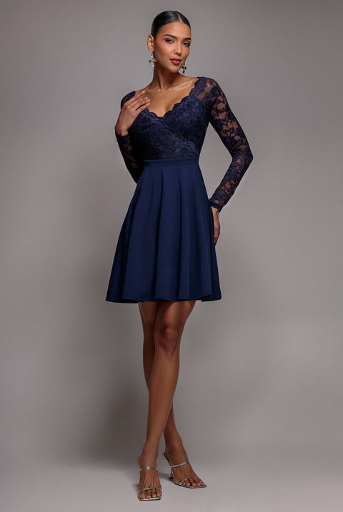 Goddiva Off The Shoulder Lace Skater Mini Dress - Navy Blue