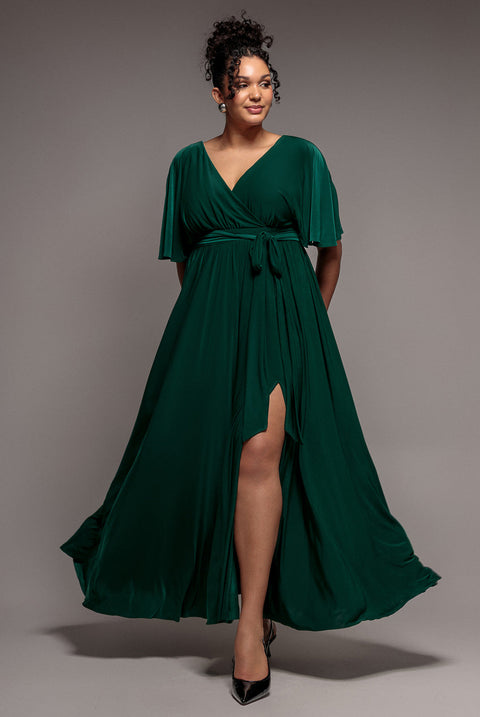 Goddiva Plus Wrap Front Maxi With Flutter Sleeves - Botanical Green