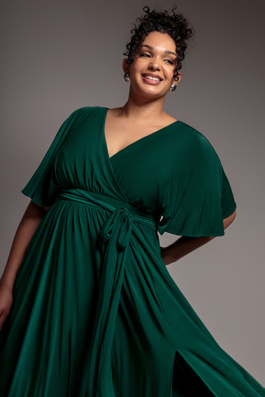 Goddiva Plus Wrap Front Maxi With Flutter Sleeves - Botanical Green