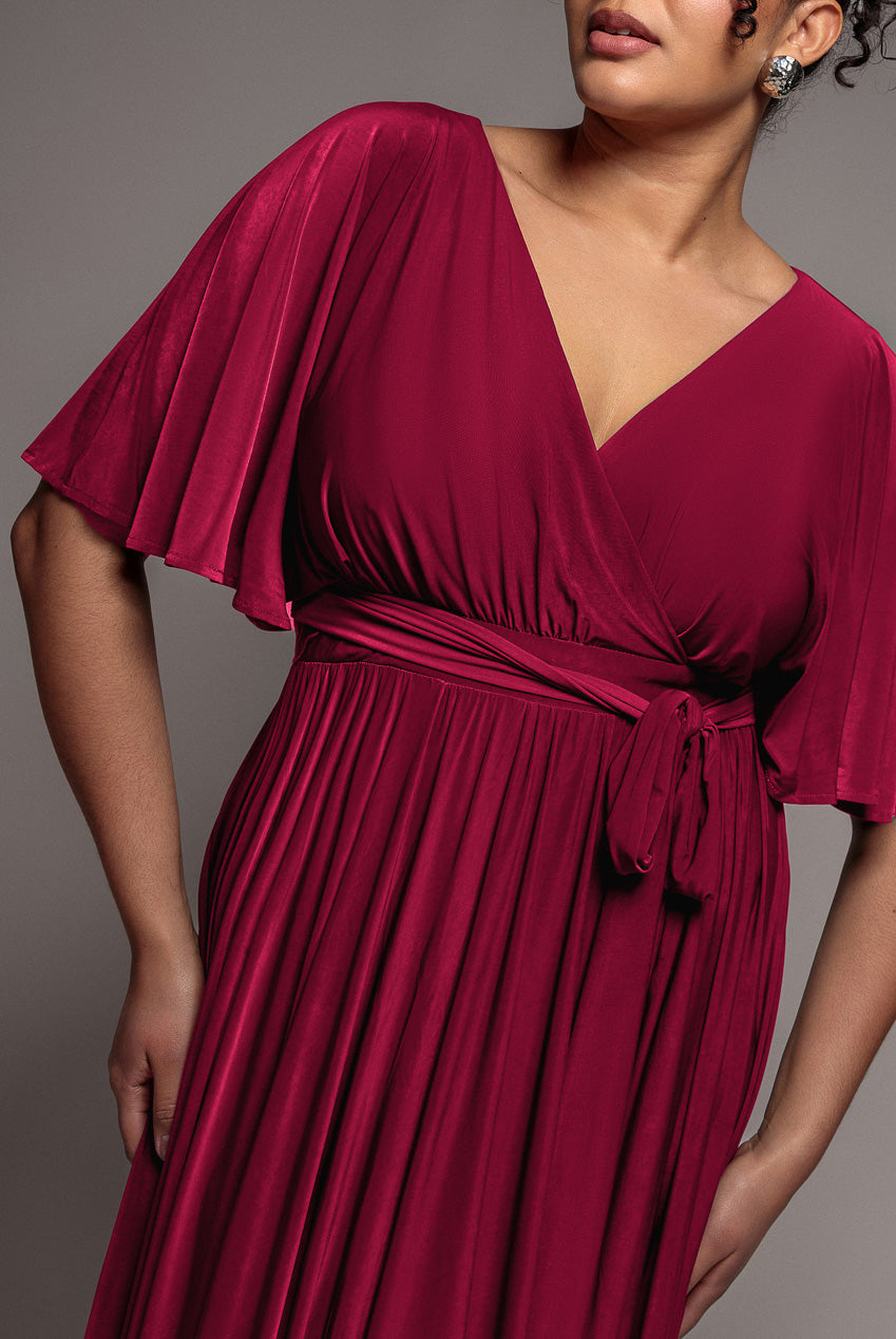 Goddiva Plus Wrap Front Maxi With Flutter Sleeves - Berry