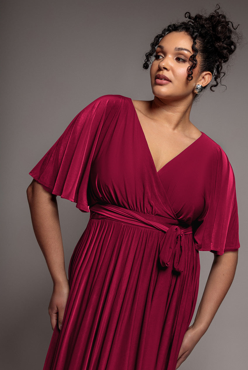 Goddiva Plus Wrap Front Maxi With Flutter Sleeves - Berry