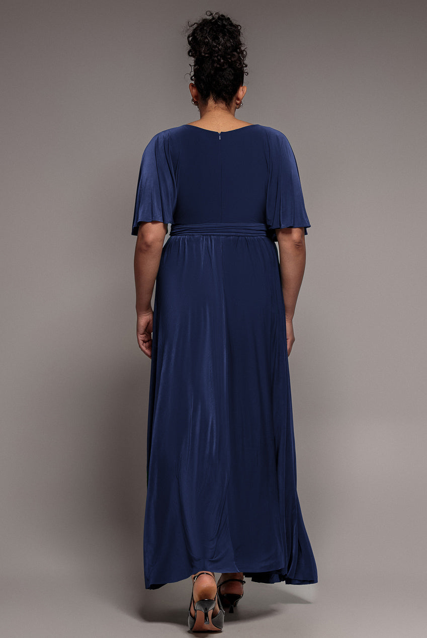 Goddiva Plus Wrap Front Maxi With Flutter Sleeves - Navy Blue