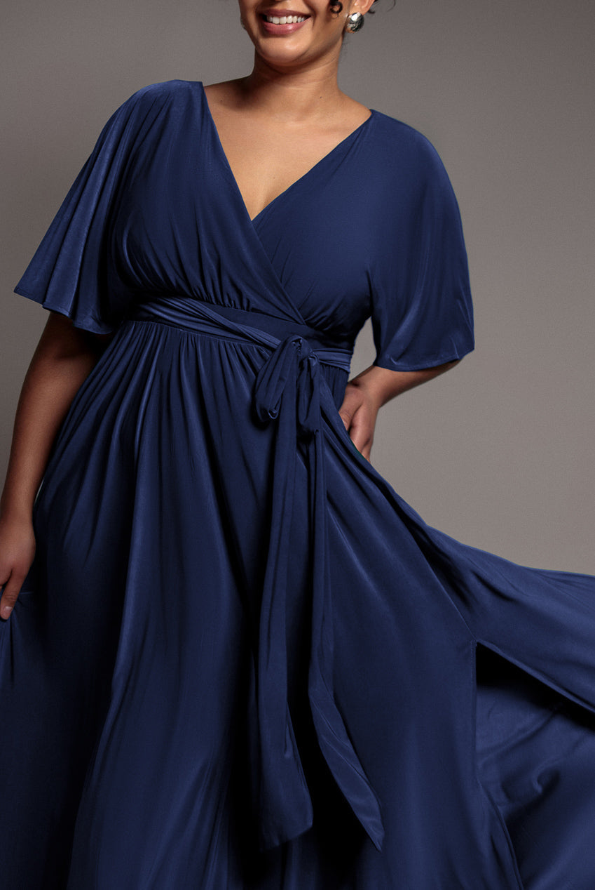 Goddiva Plus Wrap Front Maxi With Flutter Sleeves - Navy Blue