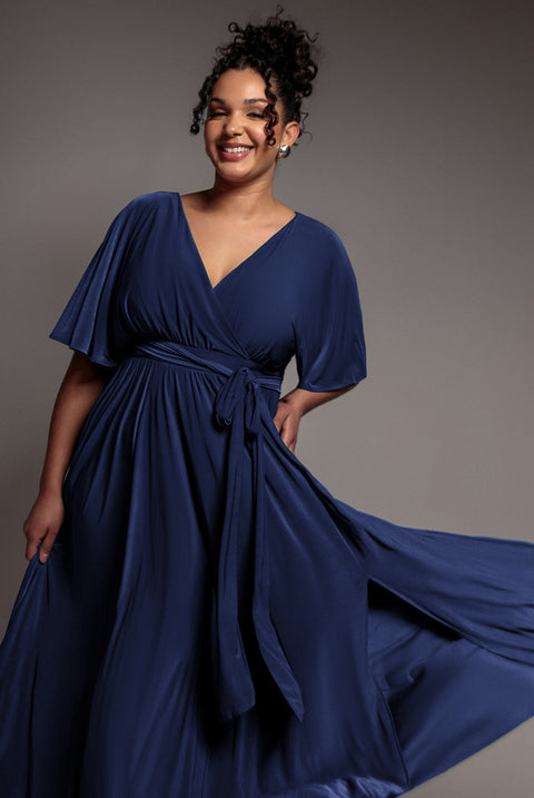 Goddiva Plus Wrap Front Maxi With Flutter Sleeves - Navy Blue