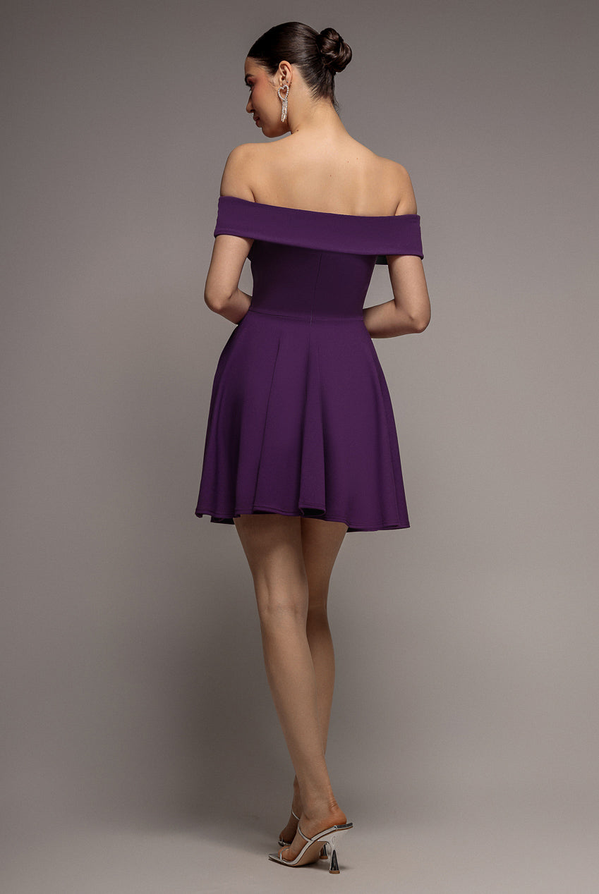 Goddiva Bardot Scuba Crepe Skater Mini Dress - Purple