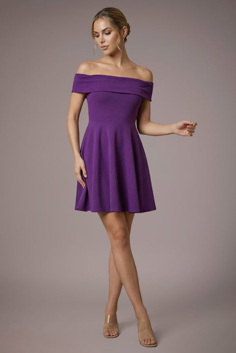 Goddiva Bardot Scuba Crepe Skater Mini Dress - Purple