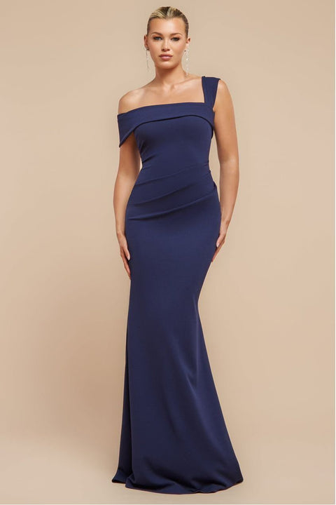 Goddiva Off The Shoulder Pleated Waist Maxi Dress - Navy