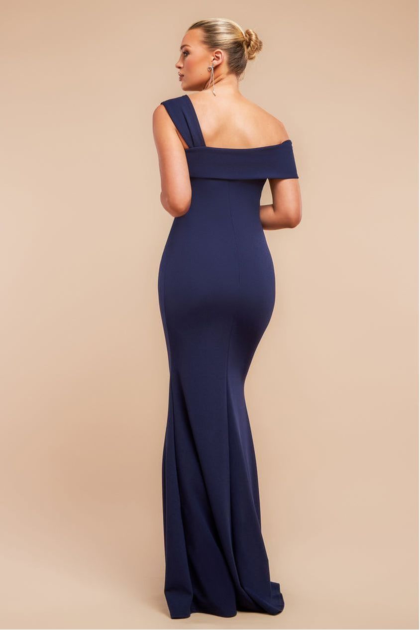 Goddiva Off The Shoulder Pleated Waist Maxi Dress - Navy