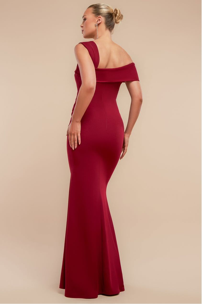 Goddiva Off The Shoulder Pleated Waist Maxi Dress - Wine