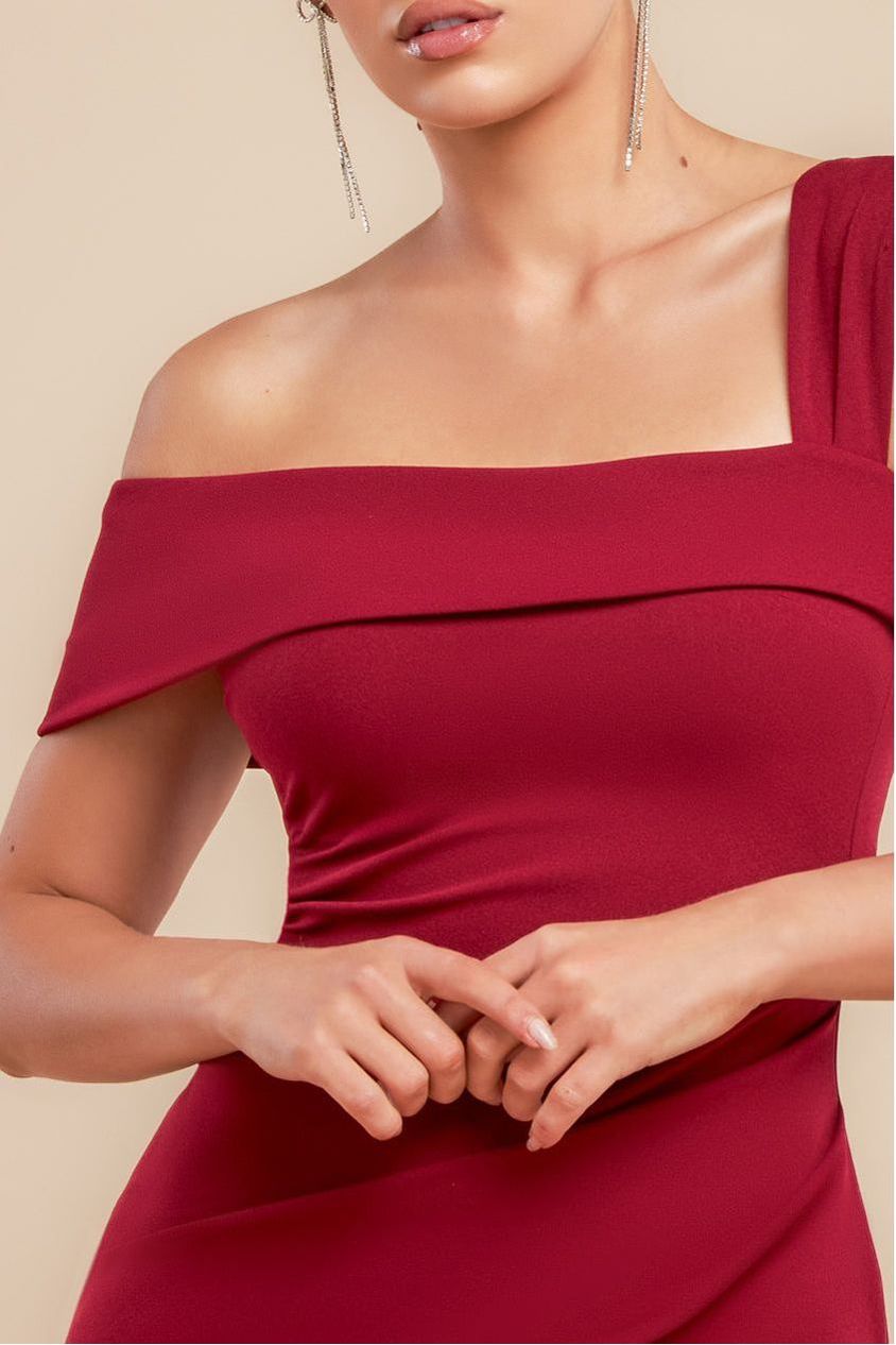 Goddiva Off The Shoulder Pleated Waist Maxi Dress - Wine