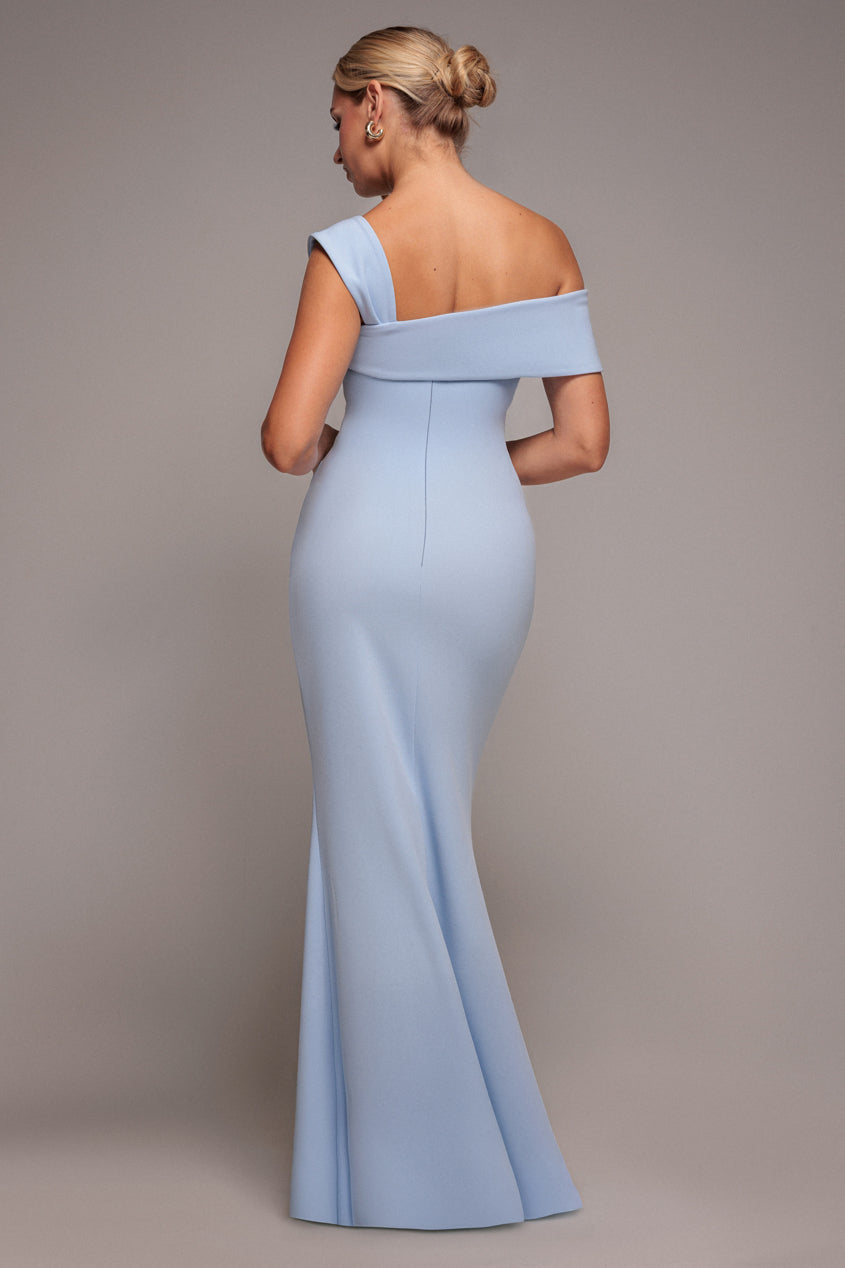 Goddiva Off The Shoulder Pleated Waist Maxi Dress - Blue