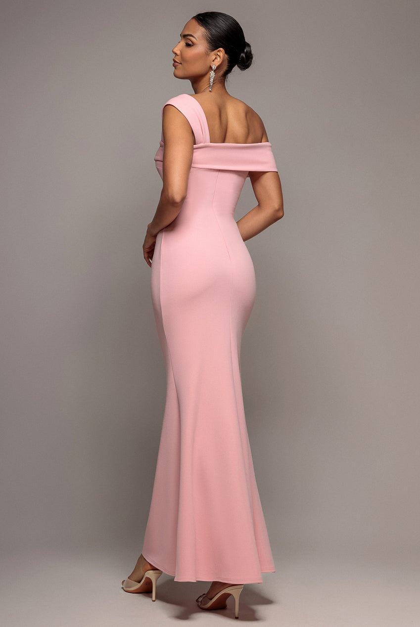 Goddiva Off The Shoulder Pleated Waist Maxi Dress - Blush Pink