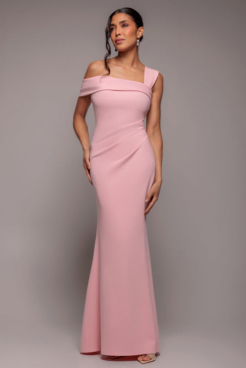 Goddiva Off The Shoulder Pleated Waist Maxi Dress - Blush Pink
