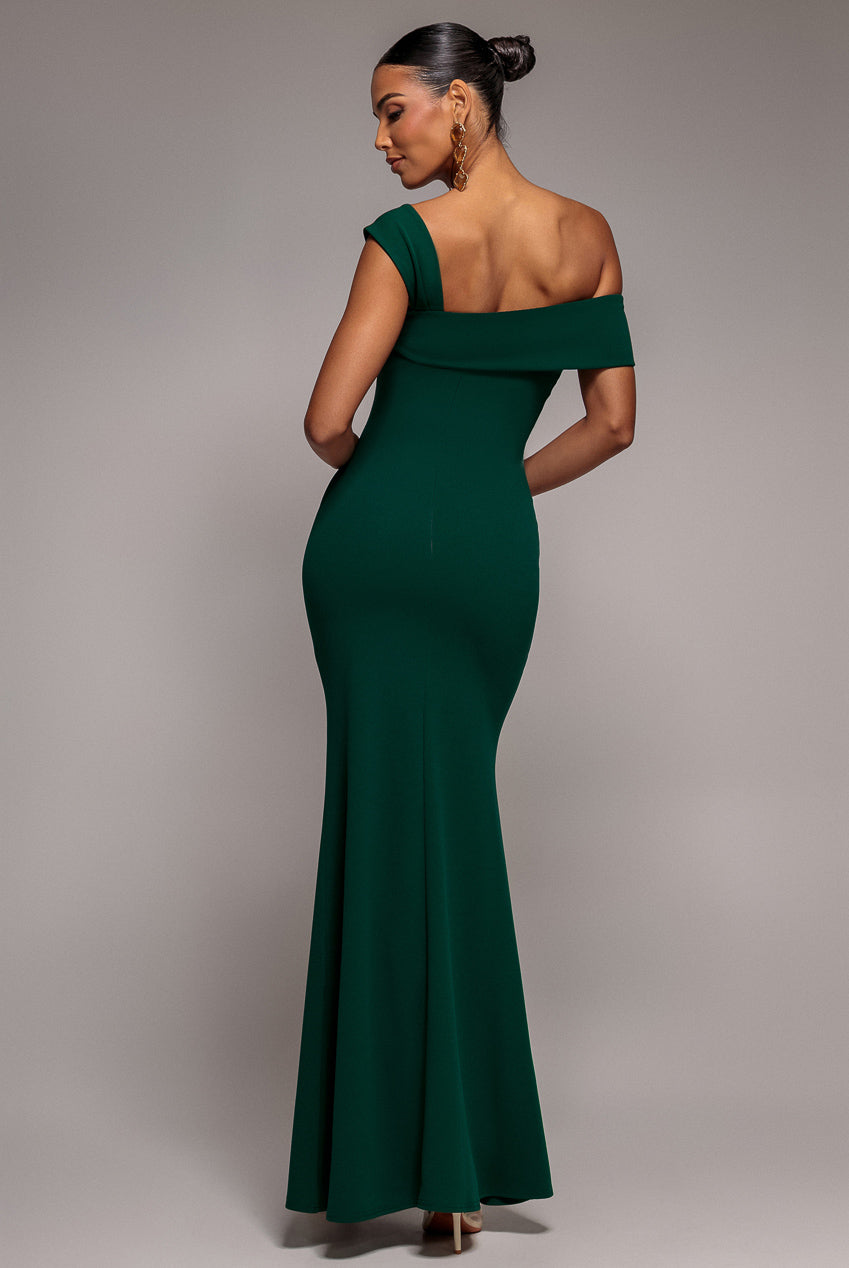 Goddiva Off The Shoulder Pleated Waist Maxi Dress - Emerald Green