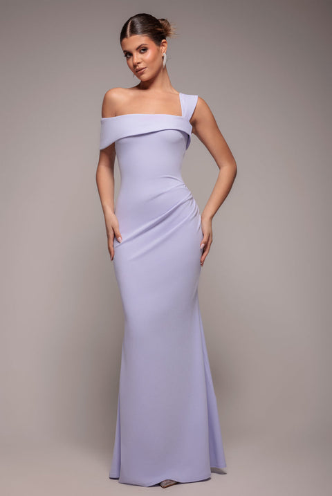 Goddiva Off The Shoulder Pleated Waist Maxi Dress - Lilac