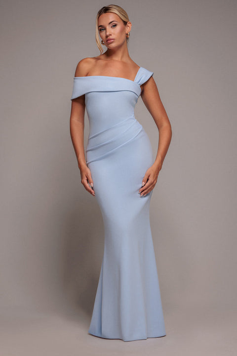 Goddiva Off The Shoulder Pleated Waist Maxi Dress - Powder Blue