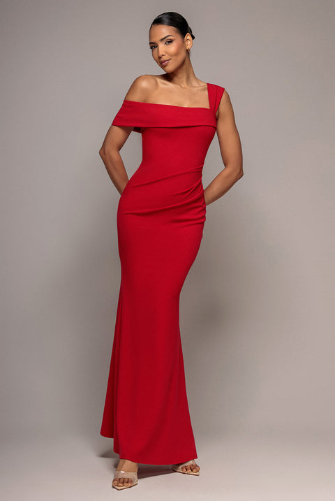 Goddiva Off The Shoulder Pleated Waist Maxi Dress - Red