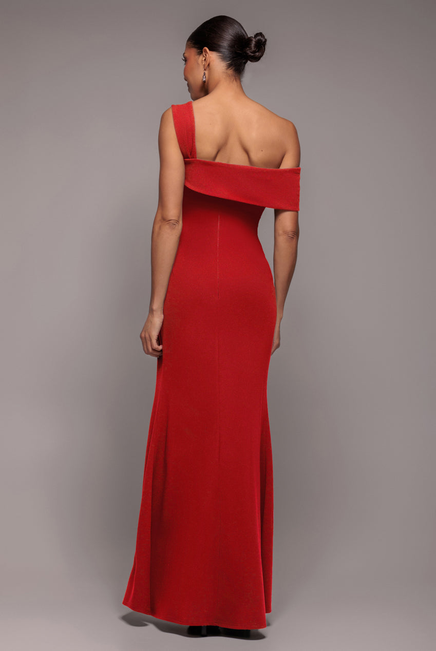 Goddiva Off The Shoulder Pleated Waist Maxi Dress - Red