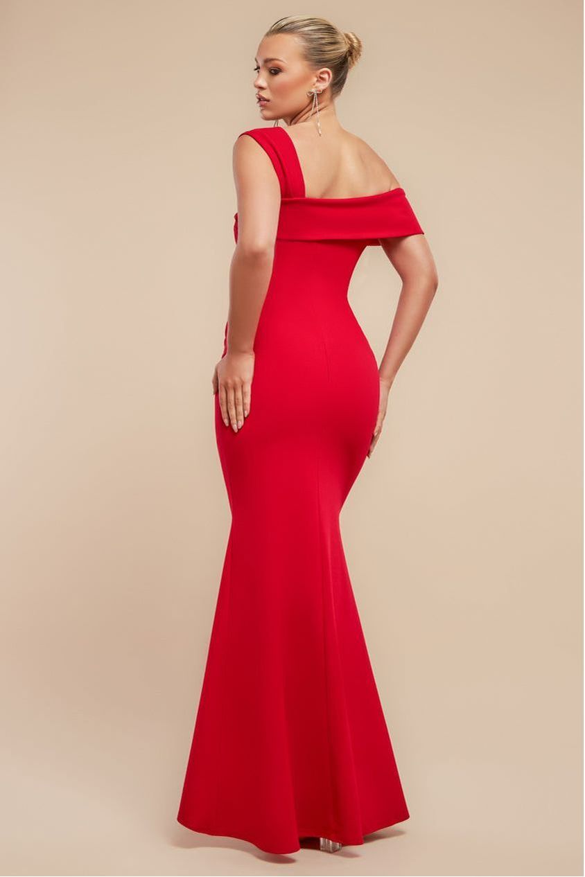 Goddiva Off The Shoulder Pleated Waist Maxi Dress - Red