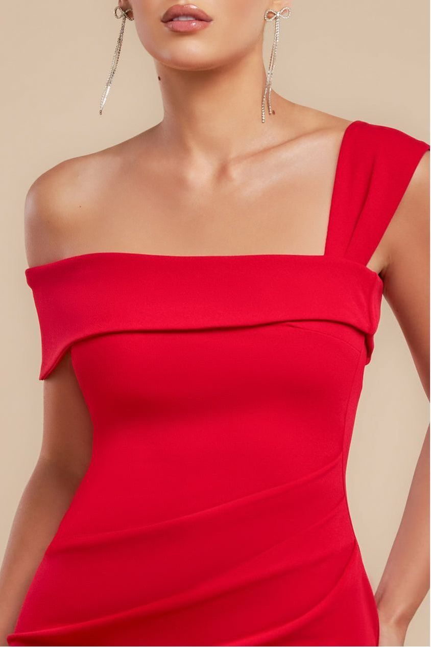 Goddiva Off The Shoulder Pleated Waist Maxi Dress - Red