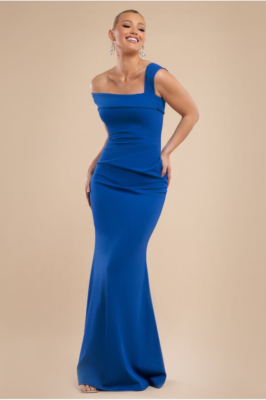 Goddiva Off Shoulder Asymmetric Pleated Waist Maxi Dress - Royalblue