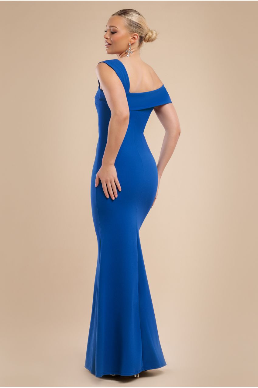 Goddiva Off Shoulder Asymmetric Pleated Waist Maxi Dress - Royalblue