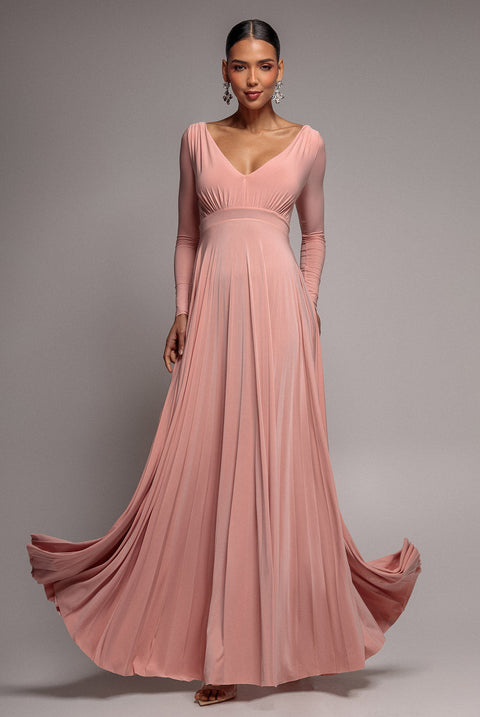 Goddiva Plunge Neck Long Sleeve A Line Maxi Dress - Blush Pink