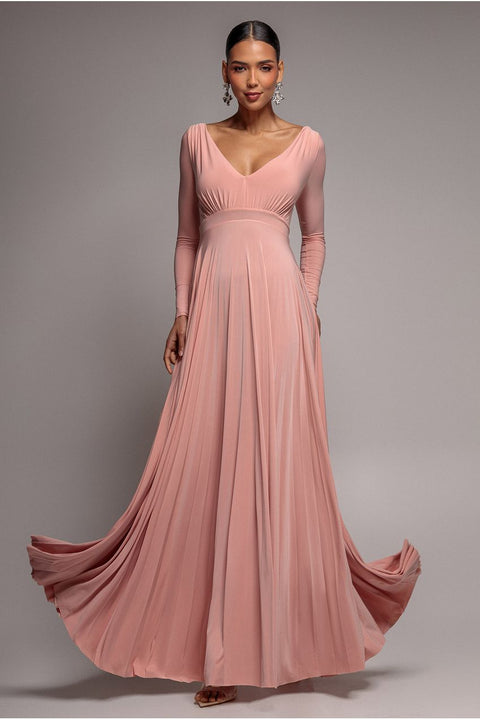 Goddiva Plunge Neck Long Sleeve A Line Maxi Dress - Blush Pink