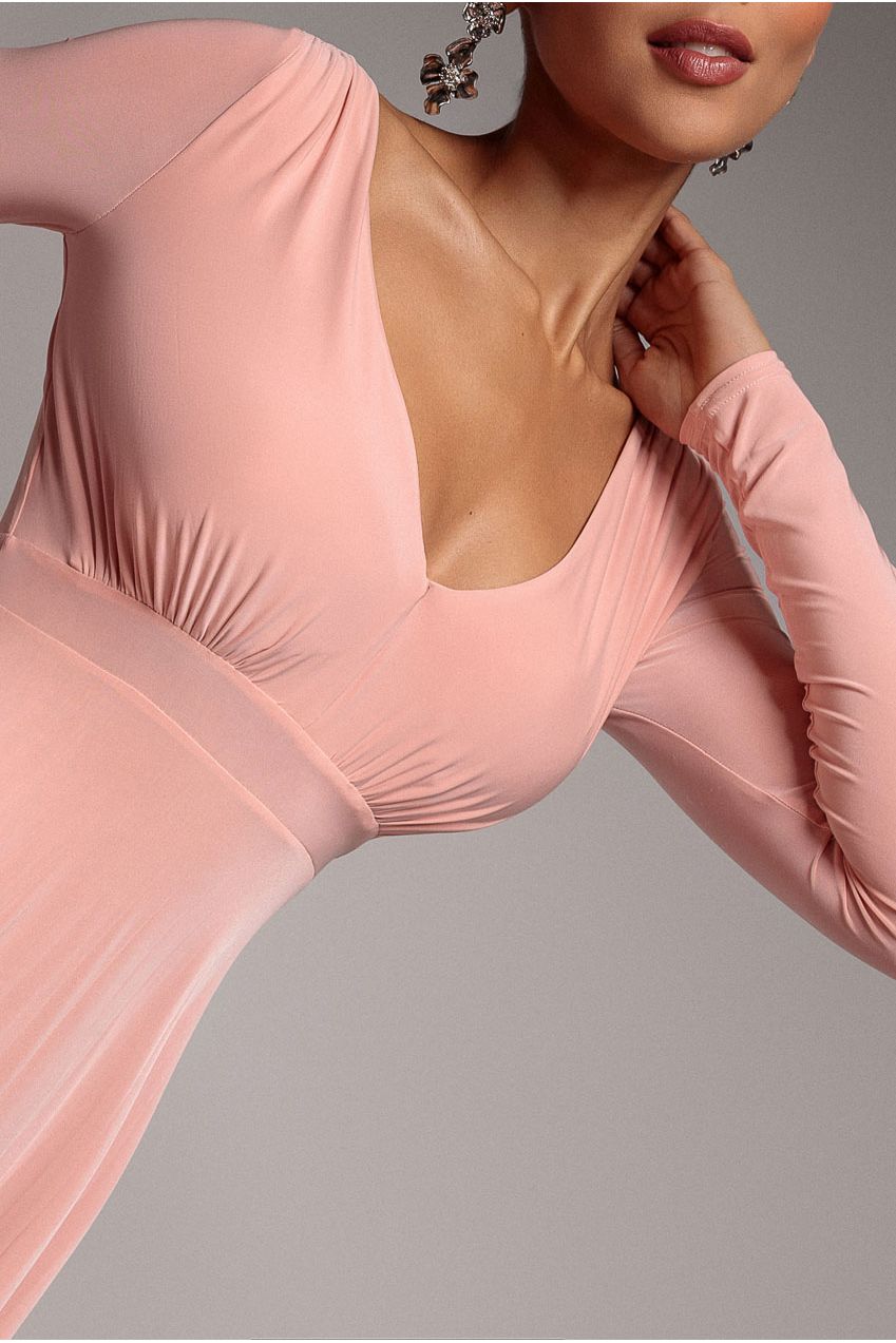 Goddiva Plunge Neck Long Sleeve A Line Maxi Dress - Blush Pink