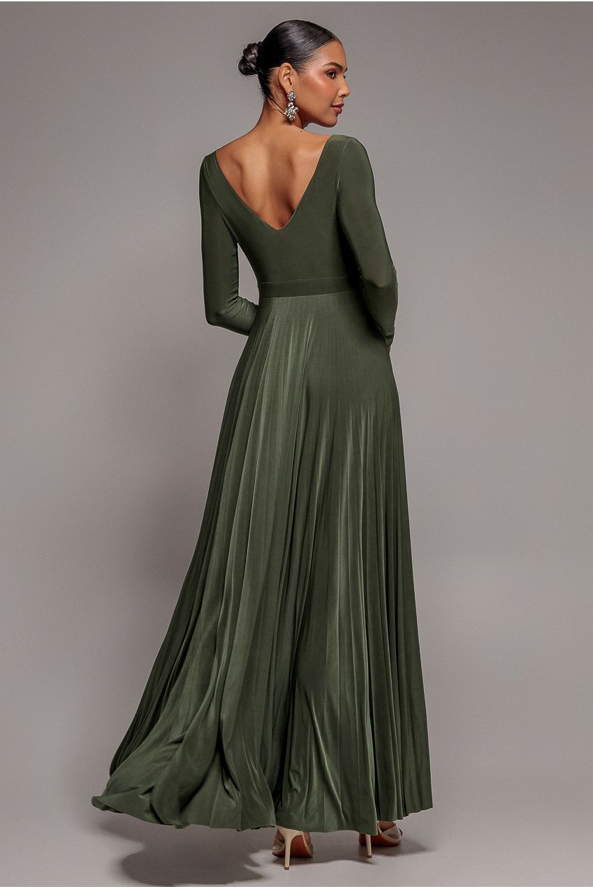 Goddiva Plunge Neck Long Sleeve A-line Maxi Dress - Olive Green