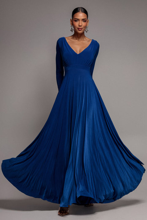 Goddiva Plunge Neck Long Sleeve A Line Maxi Dress - Royal Blue