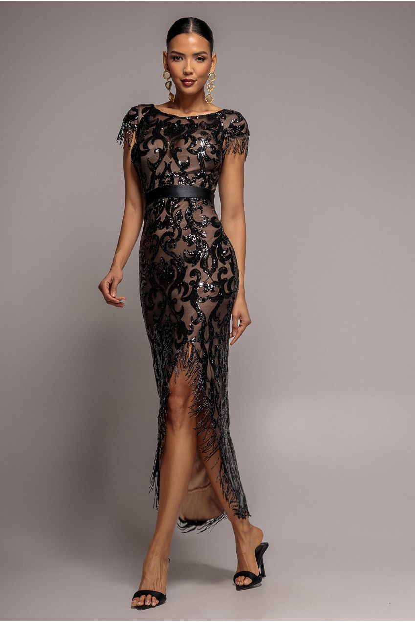 Goddiva Tassel Split Maxi Dress - Black