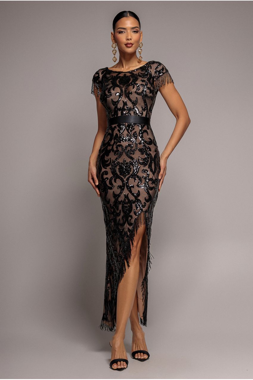 Goddiva Tassel Split Maxi Dress - Black