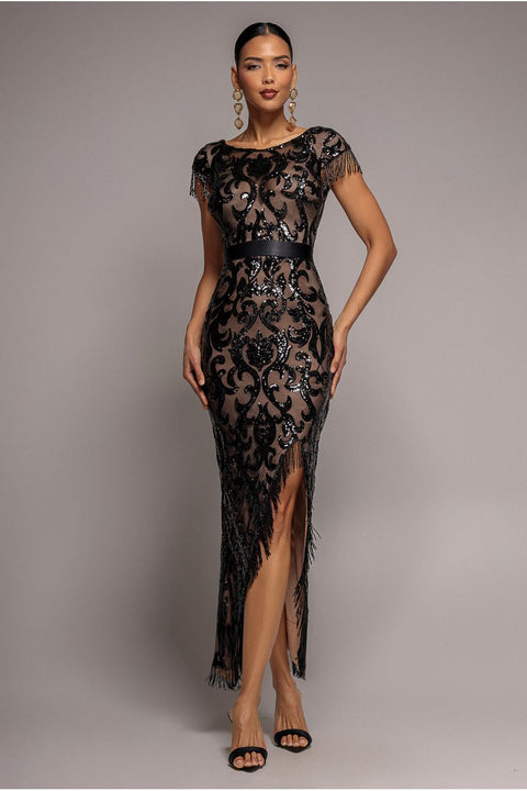 Goddiva Tassel Split Maxi Dress - Black