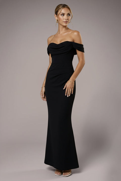Goddiva Chiffon Off The Shoulder Cowl Neck Maxi Dress - Black