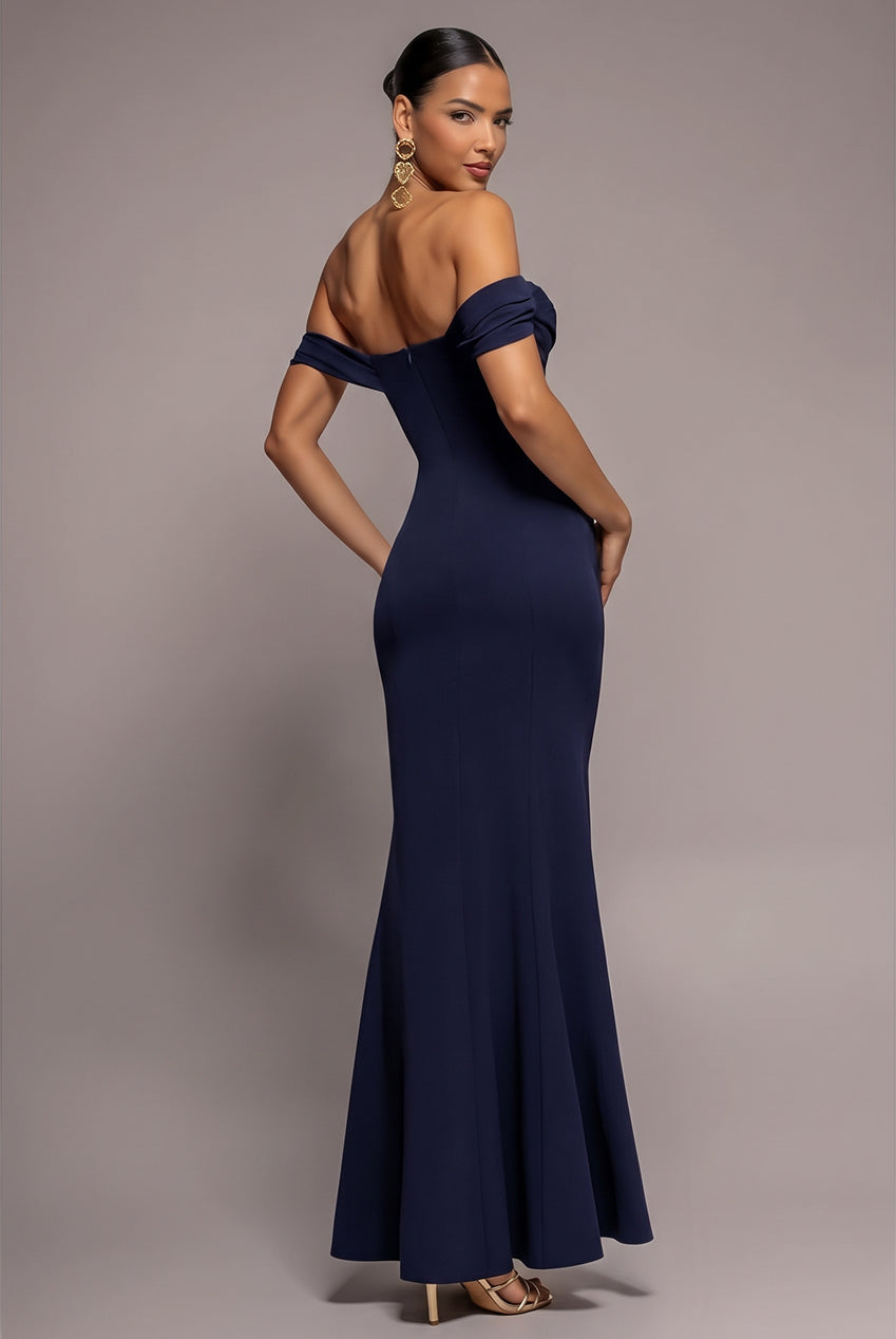 Goddiva Cowl Neck Off The Shoulder Maxi Dress - Navy